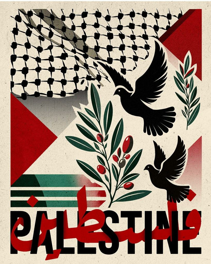 Palestine poster with birds, olive tree, Kuffiyeh pattern and flag